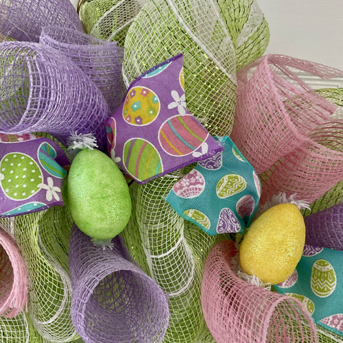 The Holiday Aisle® Pastel Egg Ribbon 24" Deco Mesh Wreath | Wayfair